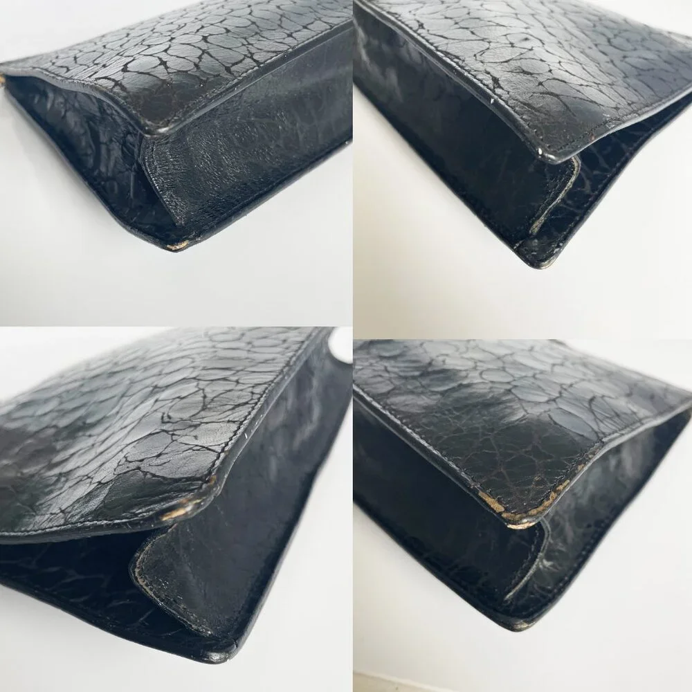 Furla Clutch Bag Black Croc Embossed  Leather Hinged Vintage 70s